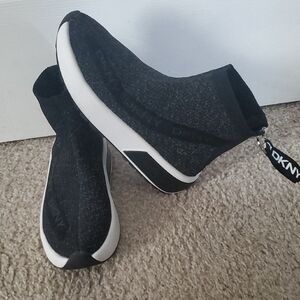 DKNY Black Knit Slip-On Wedge Sneakers with White Sole